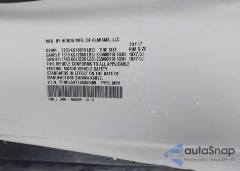 2018 Honda Odyssey Ex-L z USA, uszkodzony, nr VIN 5FNRL6H71JB057409